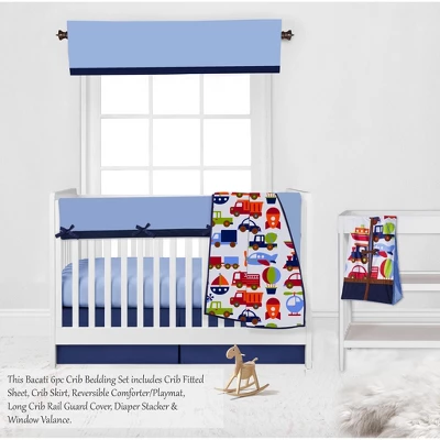 Bacati - Transportation Blue Navy Green Red Orange 6 Pc Crib Bedding Set With Long Rail Guard Cover 4 Bacati - Transportation Blue Navy Green Red Orange 6 Pc Crib Bedding Set With Long Rail Guard Cover - Image 2