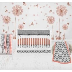 Bacati - Ikat Dots Stripes Coral Grey Muslin Girls 8 Pc Crib Set With Crib Rail Guard