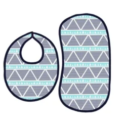 Bacati 14 Bacati - Liam Aqua/Navy Triangles Muslin 4 Pc Set Of Bibs & Burp Cloths Set ....