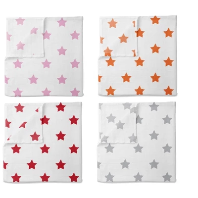 Bacati - Stars Girls Swaddling Muslin Blankets Of 4 (Pink, Orange,Red,Gray) 3 Bacati - Stars Girls Swaddling Muslin Blankets Of 4 (Pink, Orange,Red,Gray)