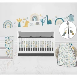 Bacati - Little Dino Boys Teal/Yellow Muslin 6 Pc Crib Bedding Set With Crib Musical Mobile