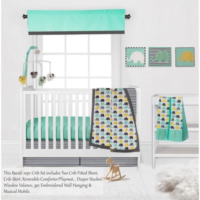 Bacati - Elephants Mint/Yellow/Gray 10 Pc Crib Bedding Set With 2 Crib Fitted Sheets 5 Bacati - Elephants Mint/Yellow/Gray 10 Pc Crib Bedding Set With 2 Crib Fitted Sheets - Image 3
