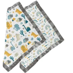 Bacati - Little Dino Rainbow Boys Muslin 2 Pack Security Blankets Aqua Teal Yellow Gray