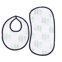 Bacati - Noah Navy/Mint Feathers/Triangles Muslin 4 Pc Set Of Bibs & Burp Cloths Set