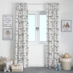 Bacati - Woodlands Grey/Beige Triangles Neutral Cotton Printed Single Window Curtain Panel