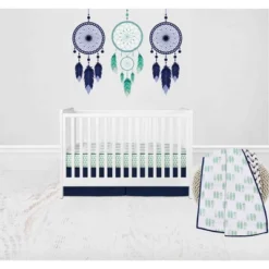 Bacati - Noah Muslin Mint Navy 4 Pc Crib Bedding Set With Sleeping Bag
