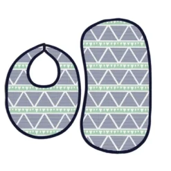 Bacati - Emma Mint/Navy Triangles Muslin 4 Pc Set Of Bibs & Burp Cloths Set