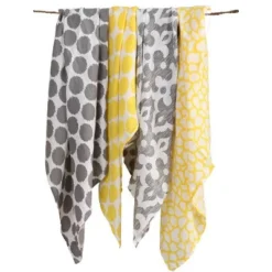 Bacati - Ikat Yellow/Gray Dots/Giraffe Swaddling Muslin Blankets Set Of 4 -Bacati GUEST c5c0f1f1 da40 4e3e 9049 244ec95435f5