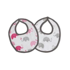 Bacati - Elephants Pink/Gray Muslin 4 Pc Set Of Bibs & Burp Cloths Set